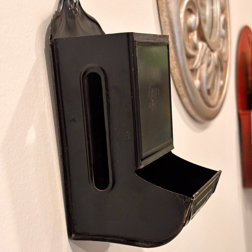 Vintage Wall Mount Black Painted Metal Tin Match Stick Holder Enamelware 1950s
